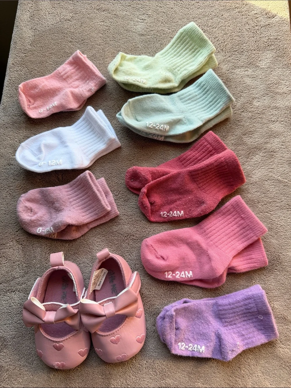 Assorted Girls' Pastel Socks - Pink, Purple, White, Green (0-12m) & (12-24m)